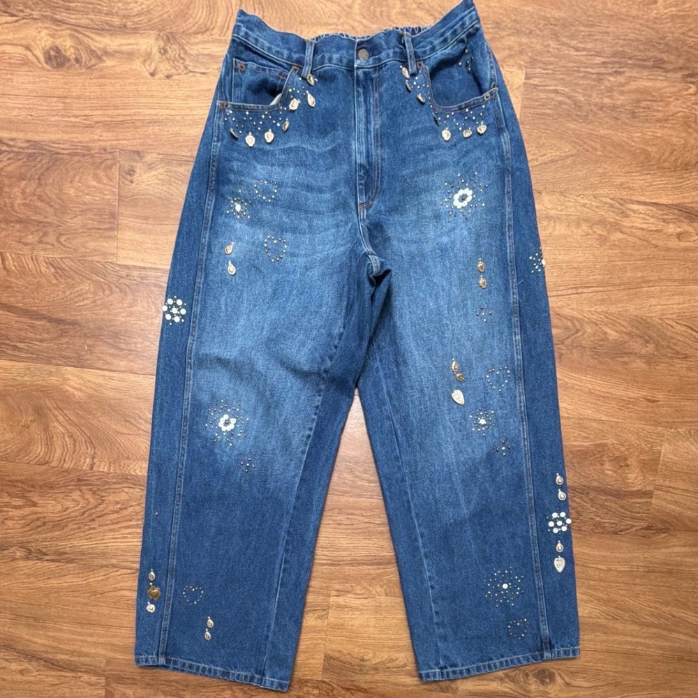 Sea New York Embellished Wide Leg Baggy Jeans Blue Medium Wash Women Size 10 - Picture 5 of 14